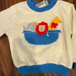 Vintage toddler Animal Boat Sweater - Blue and Cream
